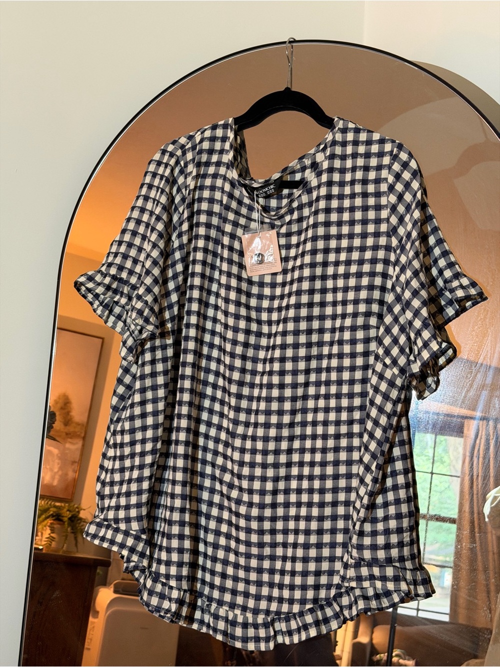 BloomChic Navy and Cream Gingham Ruffle-Sleeve Dress - Picture 7 of 7